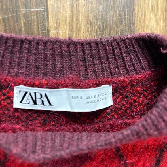 Zara Size S Red Knit Long Sleeve Sweater Chevron Argyle, Ribbed Hem & Cuffs - Picture 4 of 16